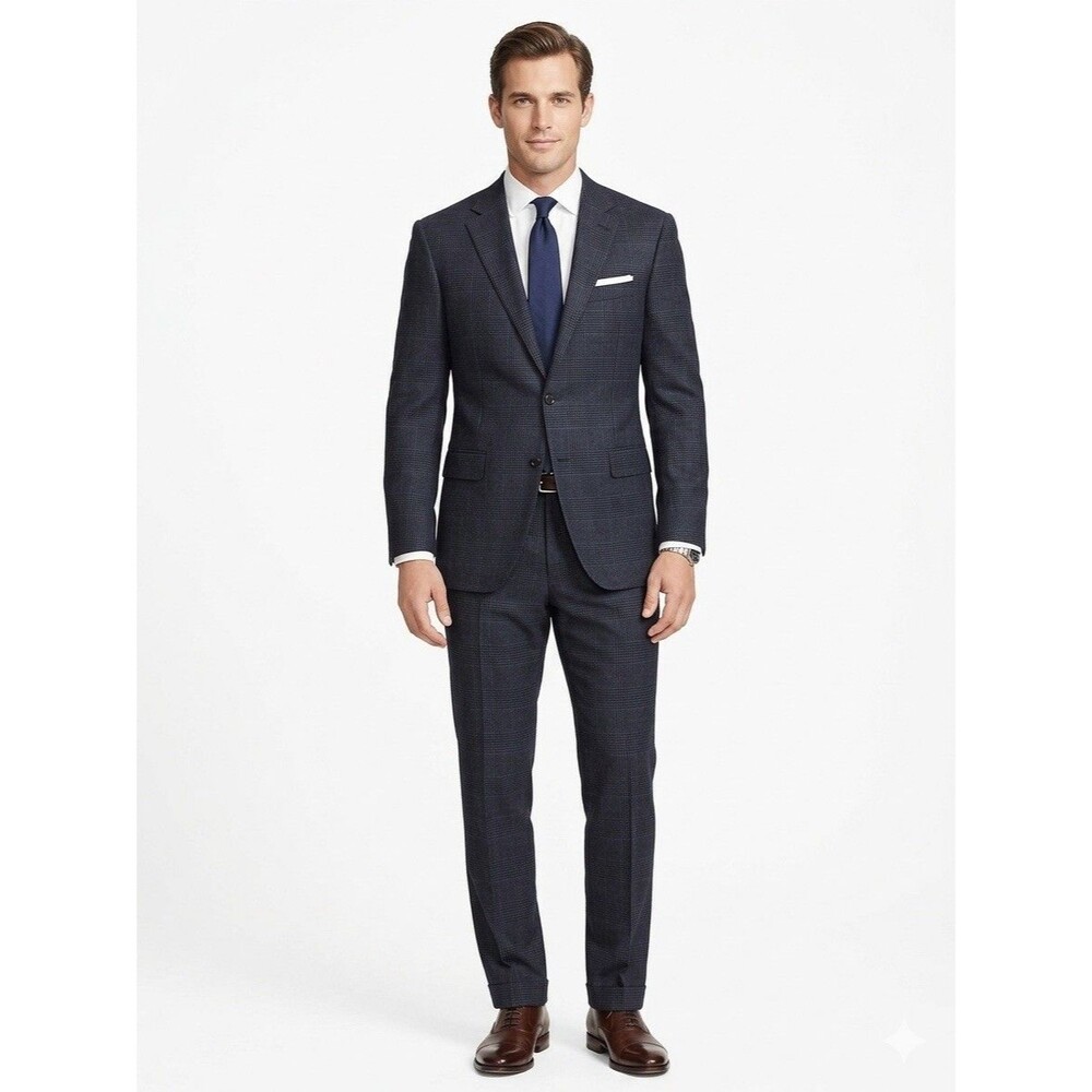 RALPH LAUREN Men’s Navy Blue Plaid Suit Wool-44L, Pants 34/30
